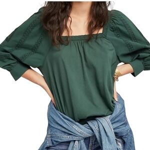 Anthropologie Chela Puff Sleeve Lace Trim Square Neck Blouse Forest Green